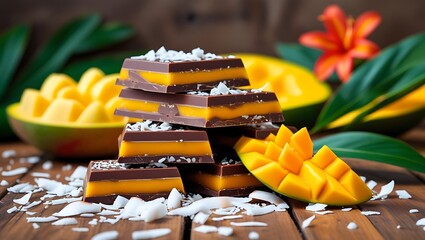 Tropical Indulgence A Chocolate Mango Delight with Coconut and Floral Accents on a Wooden Surface