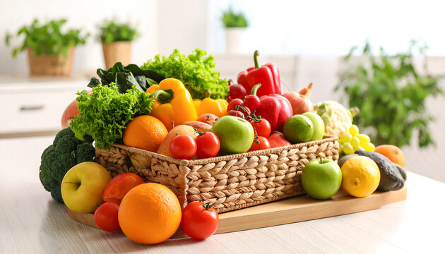 Fresh vegetables and colorful fruits in a wicker basket, a healthy arrangement ideal for culinary themes and dietary concepts.