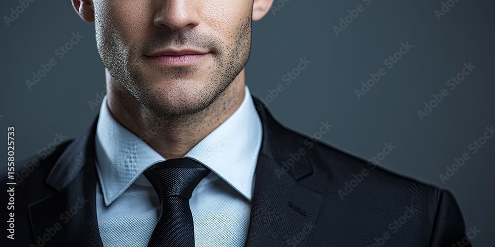 Poster crisp business headshot of a professional in formal attire, with a clean background and soft lightin