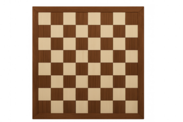 Wooden chessboard with alternating light and dark squares, ready for a new chess game, isolated on transparent background