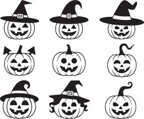 Black and White Halloween Pumpkins Collection A Spooky Season Art Featuring Witch Hats, Funny Faces and Whimsical Designs