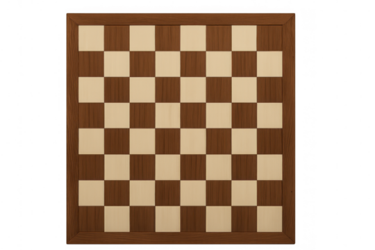 Wooden chessboard with alternating light and dark squares, ready for a new chess game, isolated on transparent background