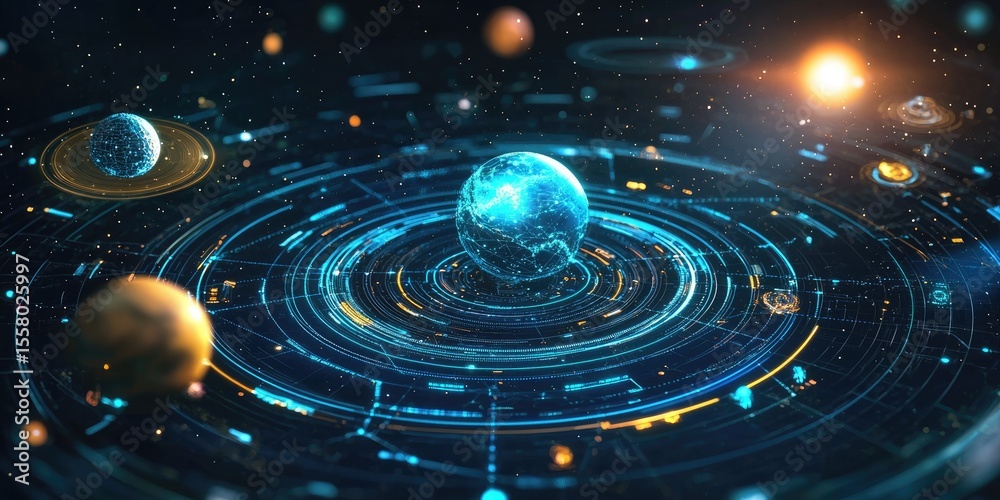 Poster a web interface featuring a space exploration theme, with holographic elements, celestial navigation bars, and responsive design.