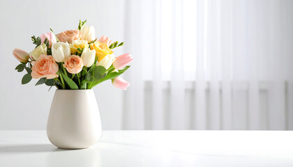 Soft pastel flower arrangement features roses and tulips in a simple vase on a clean white table
