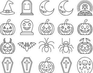 Halloween Outlines Collection Featuring Pumpkins, Bats, Spiders, and More for Spooky Decorations and Creative Designs