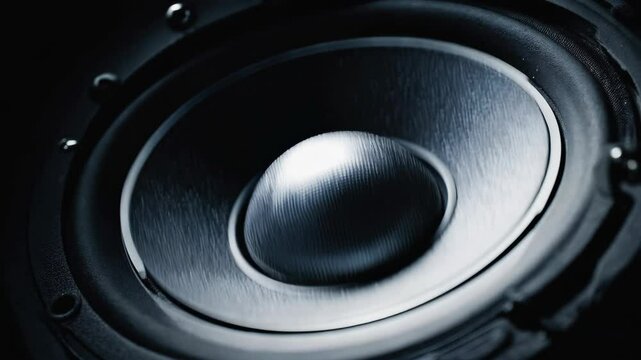 Macro shot of a modern black subwoofer speaker with sharp lighting and fine surface texture, showcasing high-quality audio technology, bass response, and sound performance in a dark studio environment