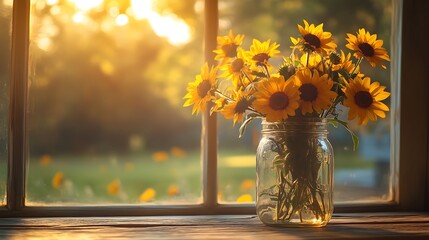 Wildflowers and sunflowers in a mason jar on a wooden table, golden afternoon sunlight streaming through a farmhouse window, rustic kitchen backdrop, cozy and inviting. Created Using: DSLR, © LuvTK