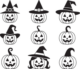 Silhouetted Halloween Pumpkins with Witch Hats and Spooky Faces for Festive Decorations and Holiday Celebrations