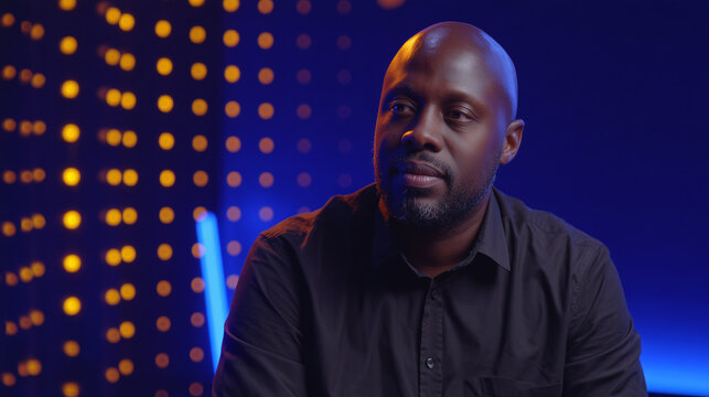Thoughtful black man in black shirt with bokeh lights background
