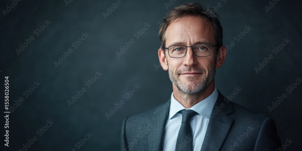 Poster high-quality studio portrait of a business leader in a tailored suit, with a neutral backdrop and re
