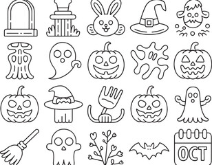 Halloween Line Art Illustration with Tombstone, Pumpkins, Ghosts, Witch Hats, Rabbit, Branches, Broom, Calendar, and Halloween Themed Elements