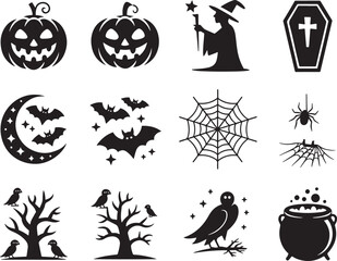 Halloween Spooky Silhouettes Featuring Pumpkins, Bats, Spiderwebs, Witch, Coffin, Cauldron, Owl on a Branch, and Bare Trees for Fall Celebration