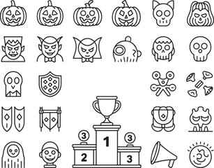 Line Art Halloween Icons Featuring Pumpkins, Monsters, and Awards for Spooky Season Celebrations