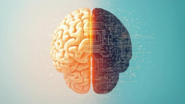 Human brain split in half, with one side showing biological structure and the other side composed of digital circuits and data, symbolizing artificial intelligence, technology, and neural integration