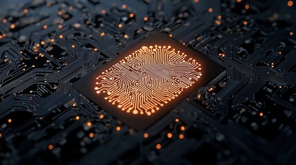 Close-up of a glowing microchip on a circuit board with intricate pathways and illuminated connections, symbolizing advanced technology and digital innovation.