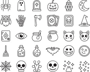 Halloween Line Art Icons A Spooky Collection of Classic Symbols and Characters for Festive Designs and Creative Projects