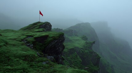 Naklejka premium High quality photo of small Red Flag on Mossy Cliffside in Fog.