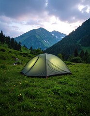 A vibrant tent stands proudly on lush green grass, surrounded by towering mountains and dense trees, creating a serene and picturesque outdoor scene.