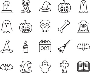Collection of Halloween Icons Featuring Pumpkins, Ghosts, Bats, Tombstones, and Other Spooky and Festive Symbols