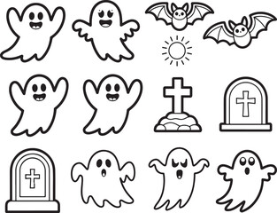 Whimsical Halloween Vector Art Featuring Ghosts, Bats, a Tombstone, and a Sun Graphic