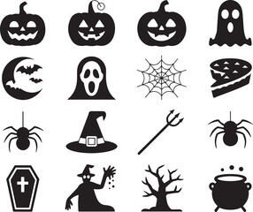 Spooky Halloween Icons Collection An Assortment of Classic Halloween Imagery with Pumpkins Ghosts and Other Traditional Horror Elements