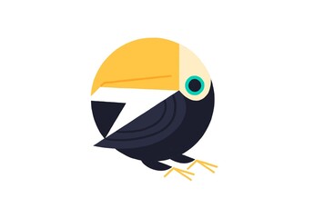 A minimalistic vector design of a colorful toucan bird with a large yellow beak, black body, and turquoise eye. The modern, geometric illustration offers a playful and vibrant take on nature.
