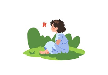A digital illustration of a young girl sitting barefoot on the grass, observing a butterfly in a peaceful outdoor setting. The playful design captures the innocence and curiosity of childhood