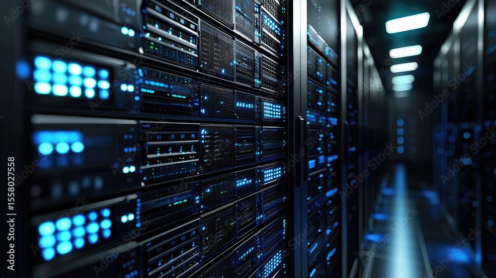 Poster Close-up of advanced server racks with bright blue LEDs in a dark hallway of a modern data center, ideal for illustrating cloud systems, cybersecurity, and IT infrastructure