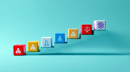 Colorful cubes with icons representing career growth and legal matters on stairs