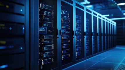High-tech server room with secure black mesh racks and vibrant LED indicators, perfect for illustrating cloud computing, network systems, data security, and IT operations