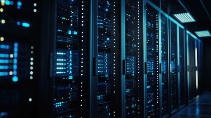 Modern data center hallway with rows of mesh-door server racks and intense blue LEDs, ideal for cloud storage, cybersecurity, IT infrastructure, and digital networking projects