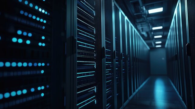 Dimly lit data center corridor with glowing blue server indicators and sleek metal cabinets, ideal for cloud technology, cybersecurity, digital storage, and IT operations