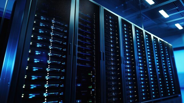 Bright modern data center with sleek black server racks and vivid blue indicator lights, suitable for cloud infrastructure, data processing, and digital network management