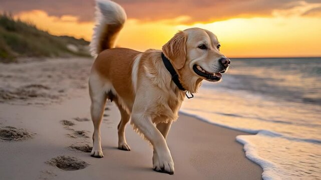 Golden Retriever walking on a sandy beach at sunset. The dog is looking towards the viewer and its tail is wagging.