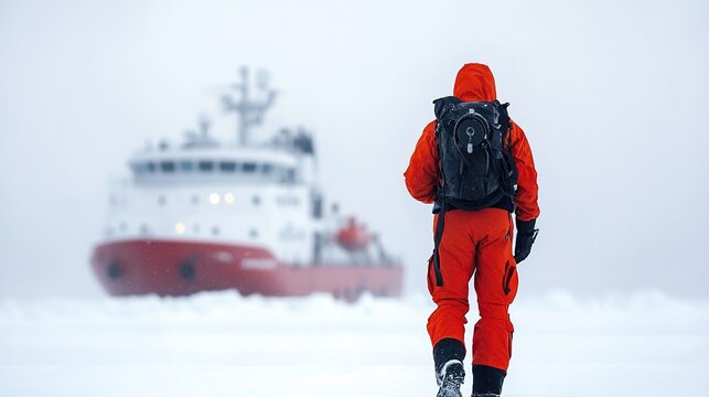 A person in an orange cold-weather suit walks on ice toward a large ship in a foggy, icy environment.