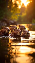 Three beavers glide gracefully through a shimmering river, their fur glistening in the warm hues of a vibrant sunset, surrounded by lush greenery.