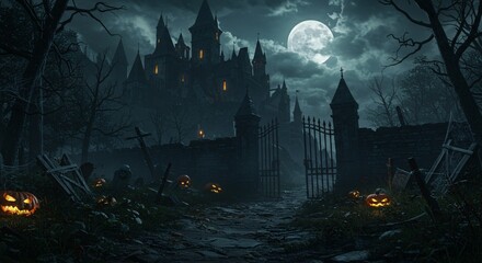 A spooky halloween scene with a castle, pumpkins, and a full moon in the night sky background