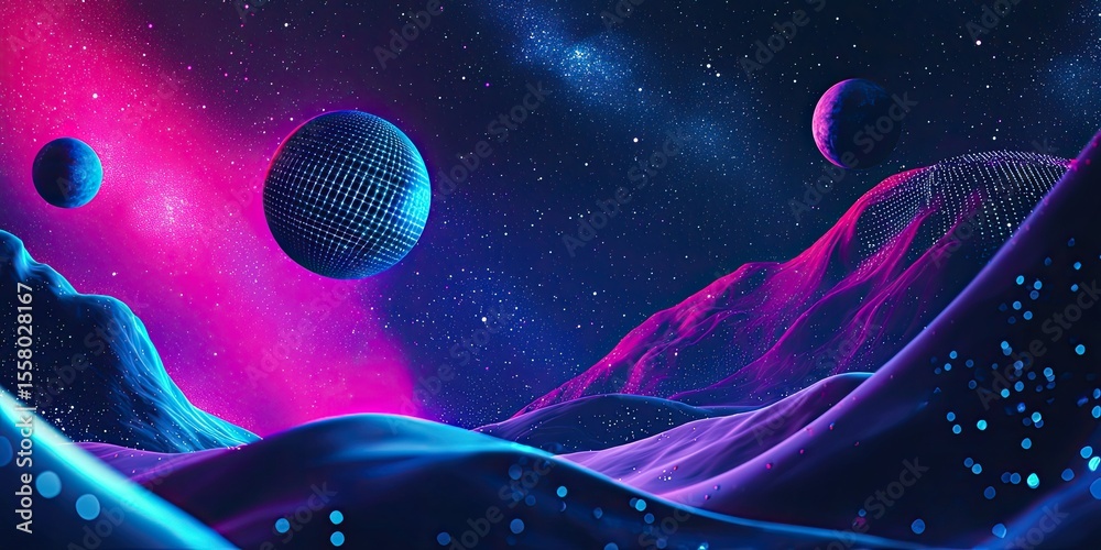 Poster Futuristic website UI with space-inspired elements, including holographic buttons, celestial data grids, and dynamic starry backgrounds.