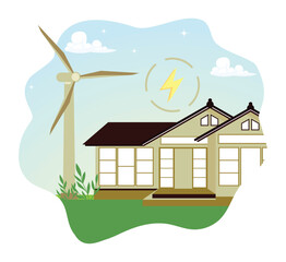 Modern eco-friendly house with windmill and solar panels.