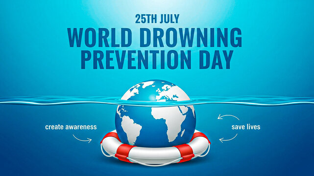 World Drowning Prevention Day:  Global Awareness Campaign, Life Preserver, Blue Water, Serious Tone, Stock Photo.