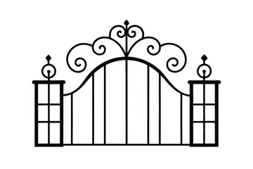 Classic Iron Garden Gate Line Art Design on White Background