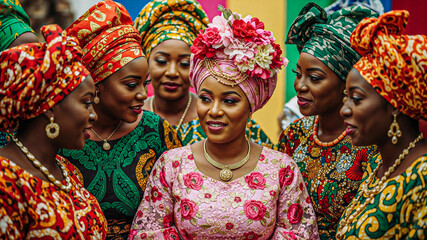 Fototapeta premium Joyful African Bride with Bridesmaids in Vibrant Traditional Headwraps and Clothing