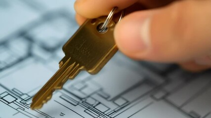 Close-up of a hand holding a golden house key above a blueprint, symbolizing real estate ownership, property investment, buying a new home, construction planning, or architectural and housing concepts - Powered by Adobe