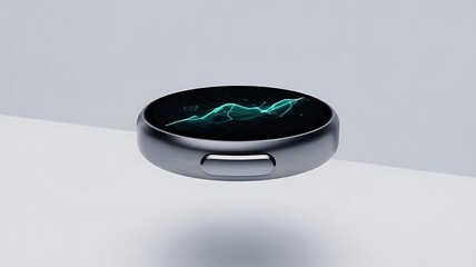 Modern circular device displaying a vibrant green pulse wave on a clean surface