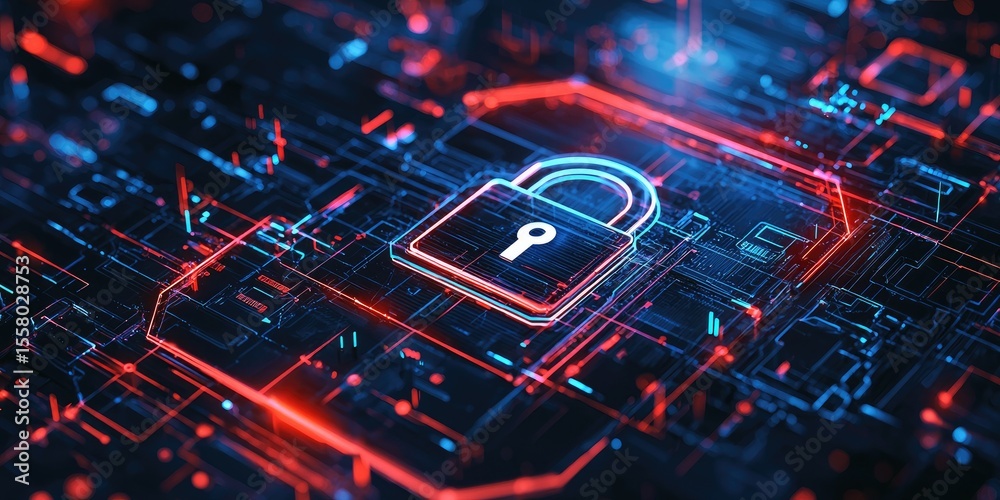Poster a digital lock icon featuring layered security elements and glowing effects, perfect for cybersecuri