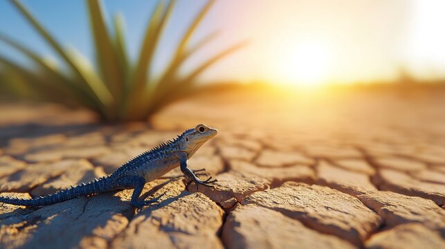 A small lizard stands on dry, cracked earth with a blurred plant and bright sunrise in the background, highlighting a desert environment.