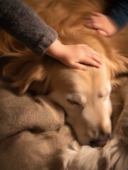 Golden retriever resting head on a moving blanket.