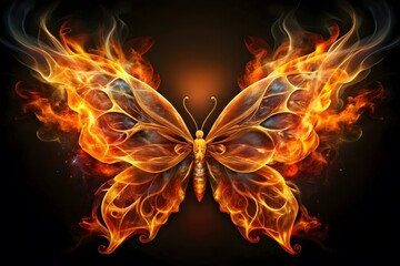 Majestic fiery butterfly with glowing wings and wisps of smoke against a dark background