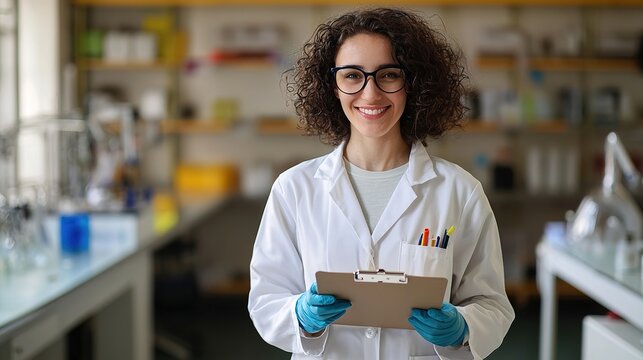 A smiling female scientist in a lab coat and gloves holds a clipboard in a bright laboratory setting.