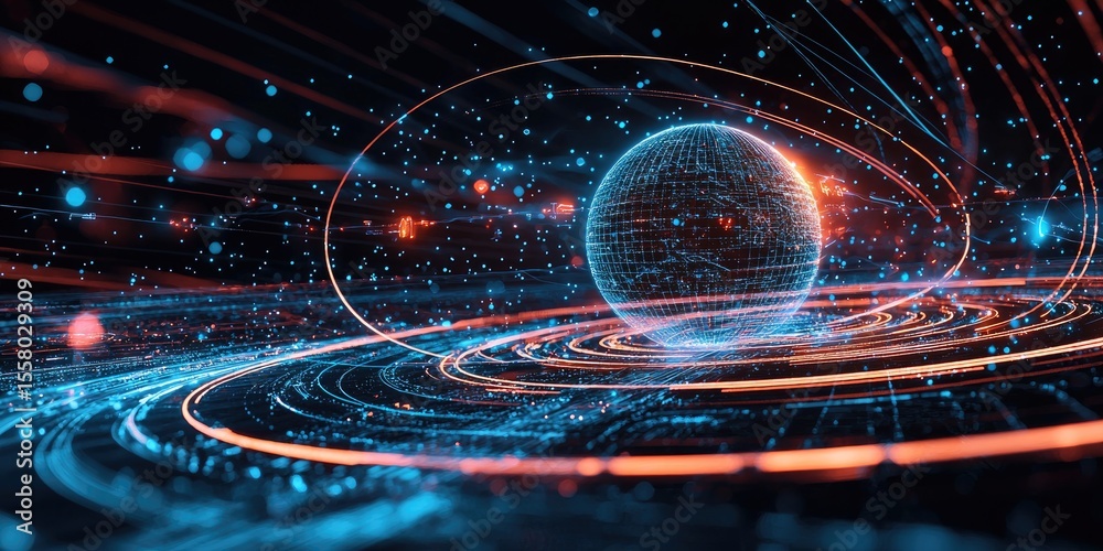 Poster a planet with advanced technological rings, emitting energy pulses and connected to satellites, set 